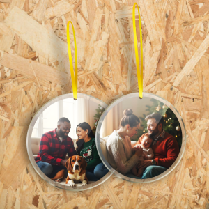 Bola de Natal em Acrílico com Foto Acrilico Cristal 6mm Tamanho 8x8cm - Corte Redondo Impressão UV Colorido Frente e Verso  Fita Cetim Dourada Personalizado com Foto